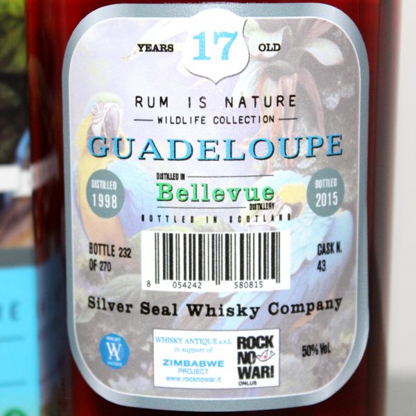 Bellevue Guadeloupe Rum Silver Seal 17 Years Old 1998 Wildlife Collection label back