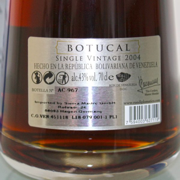 Botucal Single Vintage Rum 2004 Label Back