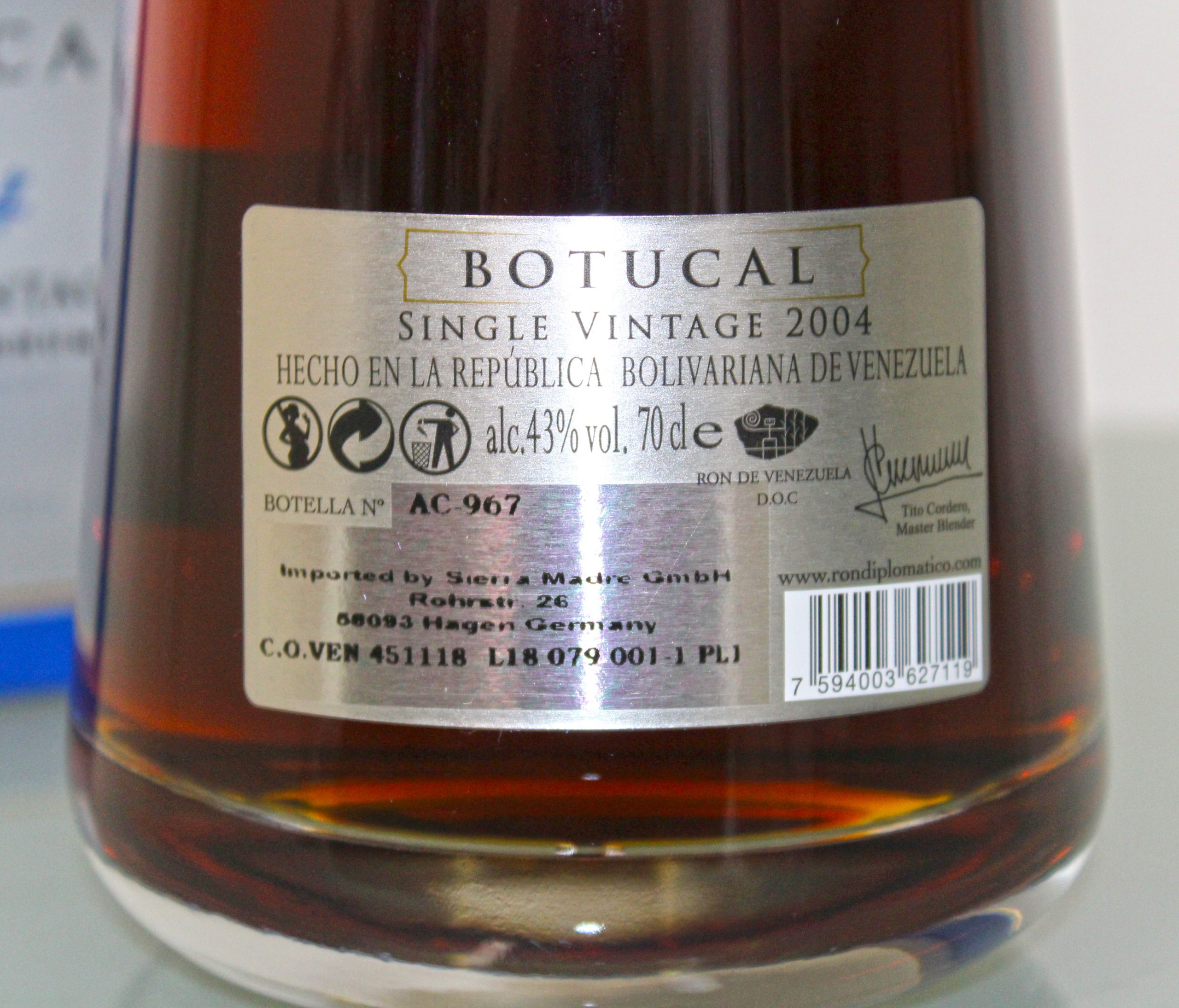Botucal Single Vintage Rum 2004 Label Back