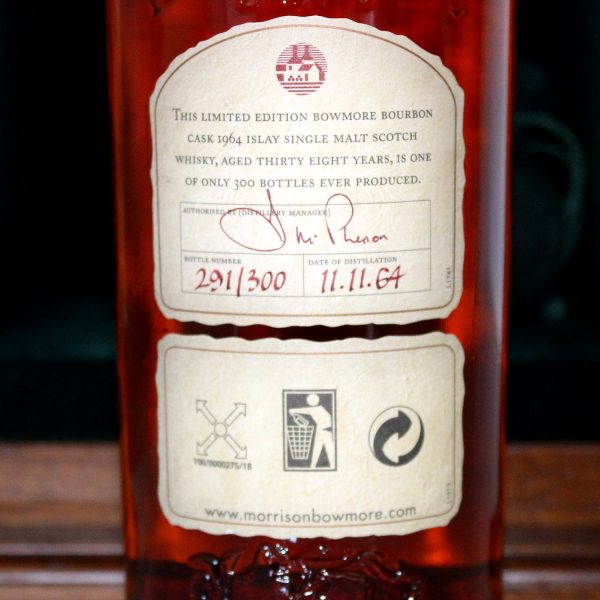 Bowmore 1964 38 Years Old Bourbon Cask Back Label