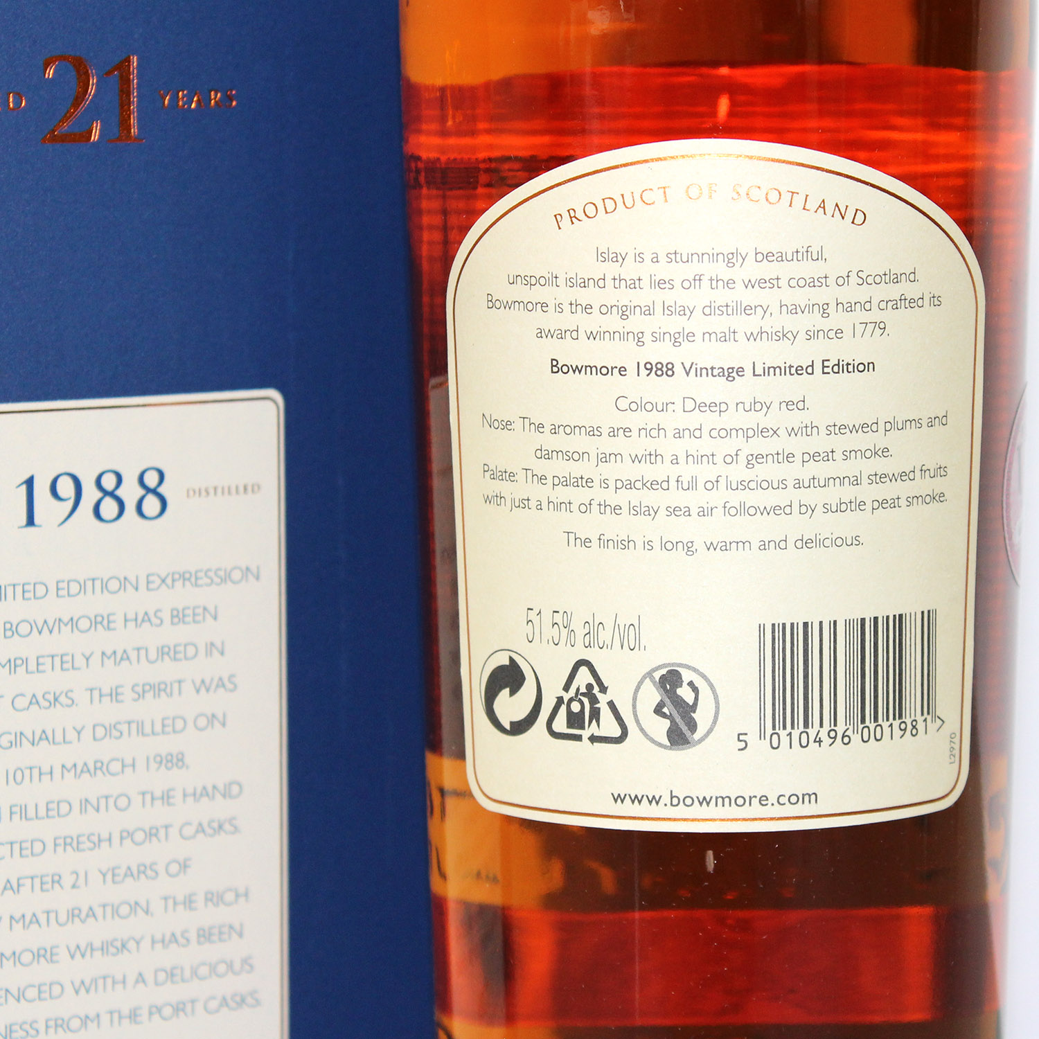 Bowmore 1988 21 Years Old Back Label