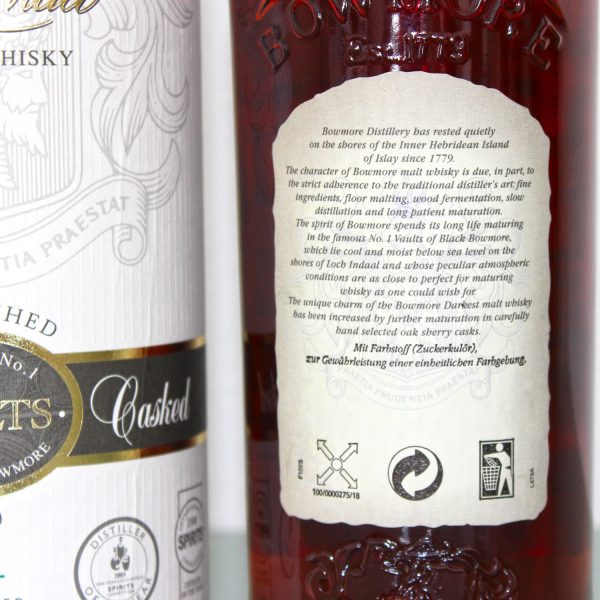Bowmore Darkest Sherry Casked Single Malt Scotch Whisky Label Back