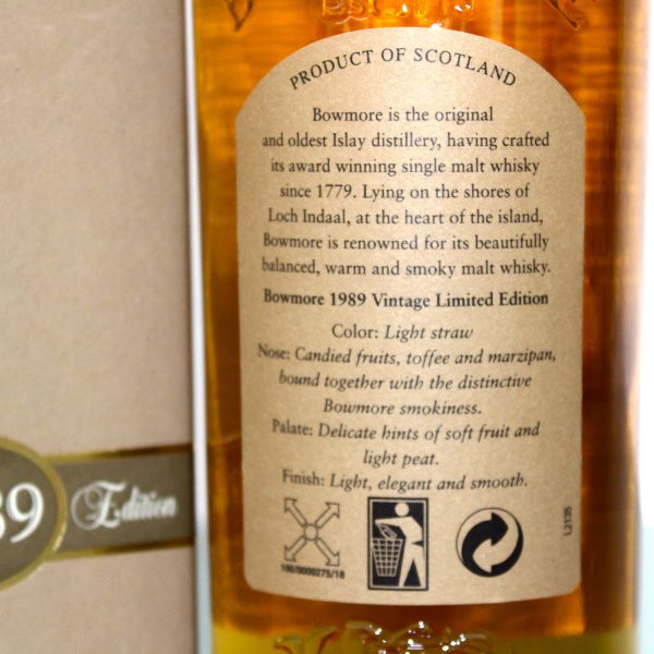 Bowmore 1989 16 Years Cask Strength Single Malt Scotch Whisky Label Back