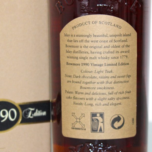 Bowmore 1990 16 Years Sherry Cask Single Malt Scotch Whisky Label Back