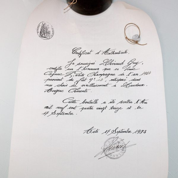 Lheraud 1924 Tres Vieux Cognac Certificat