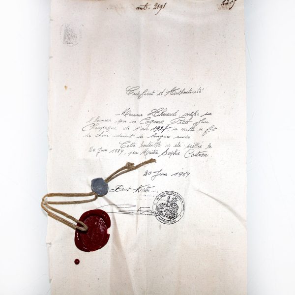 Lheraud 1927 Fine Petite Champagne Cognac Certificat