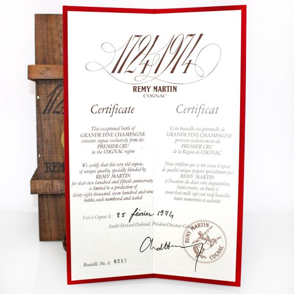 Remy Martin 1724 1974 Cognac Certificate